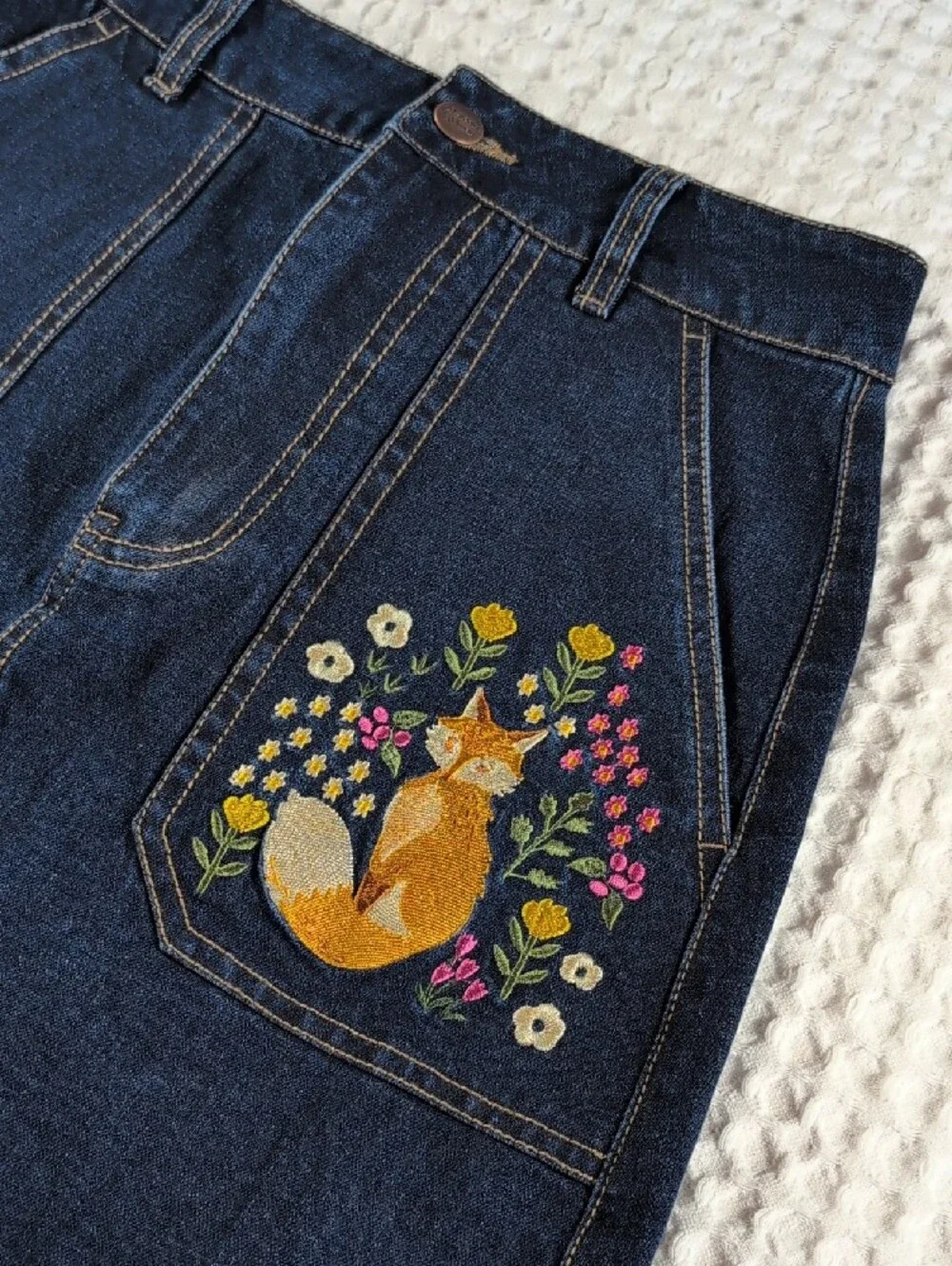Modcloth X Princess Highway Embroidered Fox Dark Blue Denim A-Line Skirt Size 6 - Picture 10 of 11